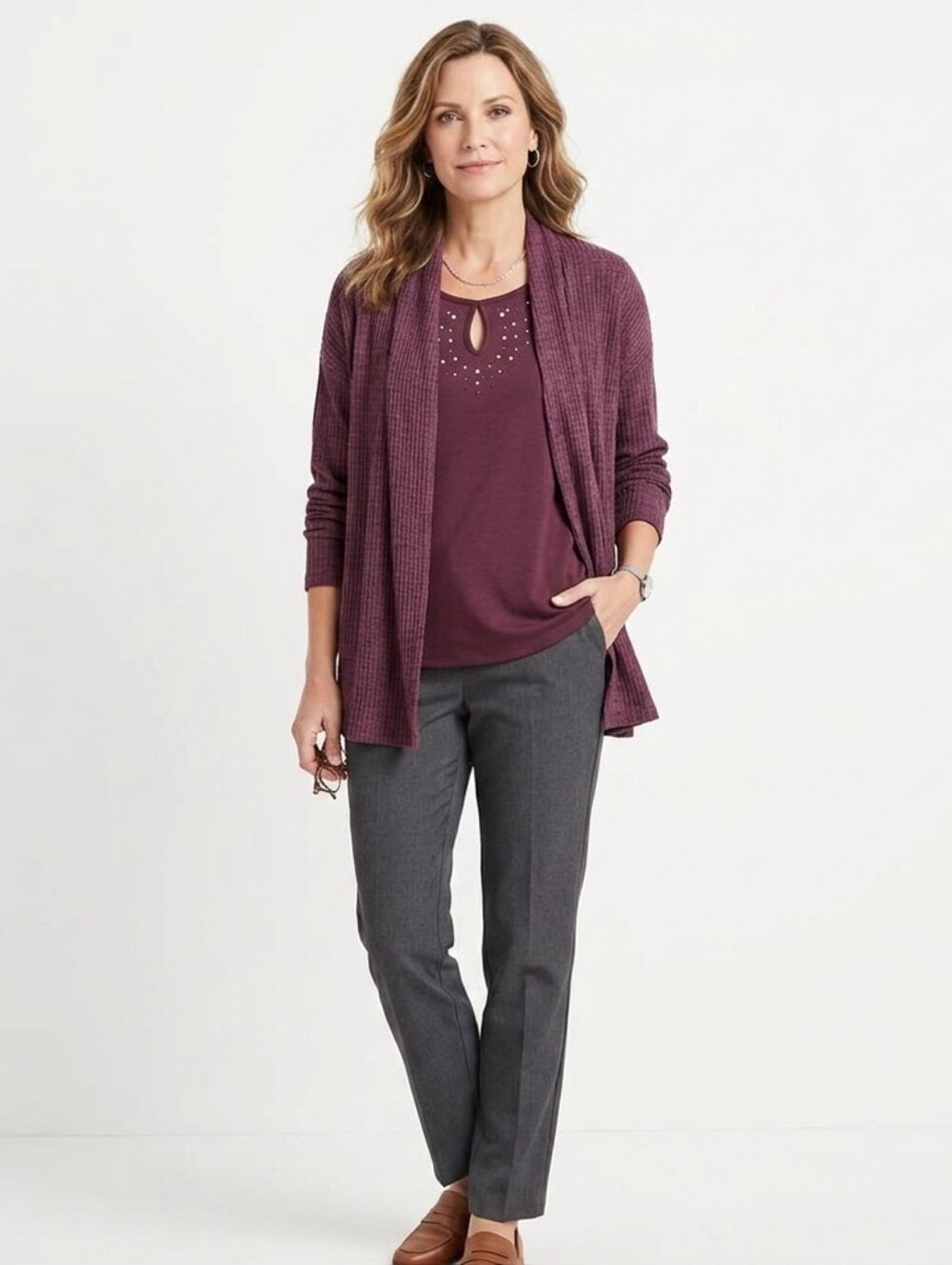 Time And Tru Ribbed Cardigan Sweater Attached Tank Set Burgundy Black, L 12-14